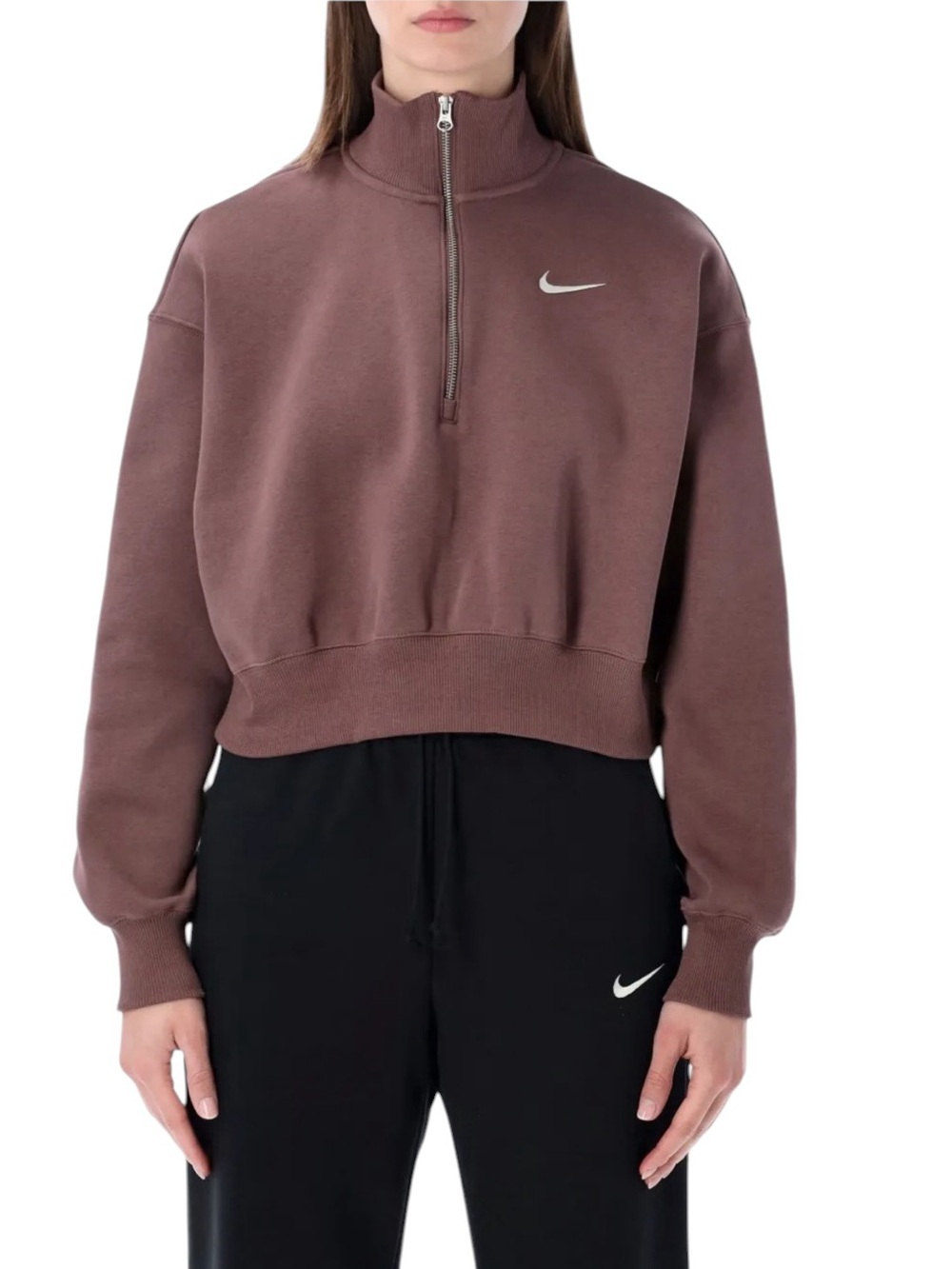 Nike Brown Half-Zip Cropped Sweatshirt with Swoosh